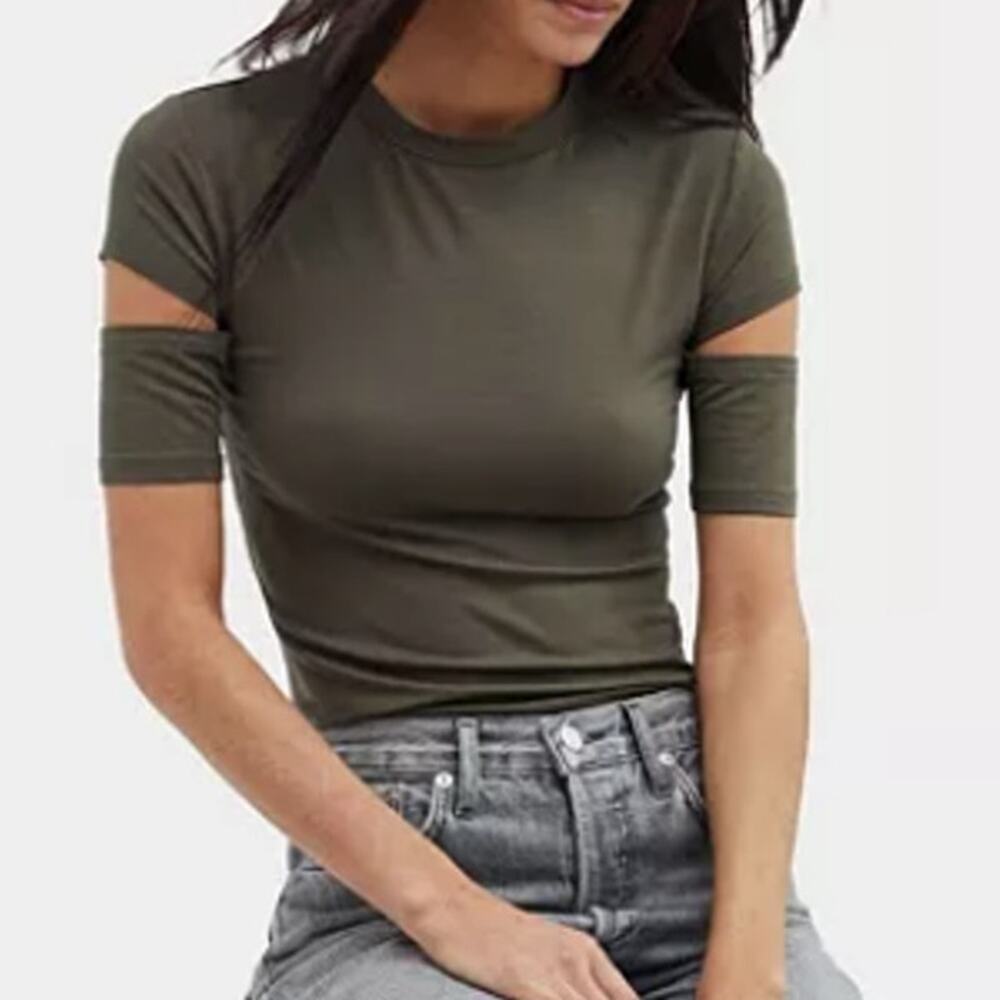 Marcella Esme Top Women's S Olive Green Tencel Cutout Sleeve Stretch Tee